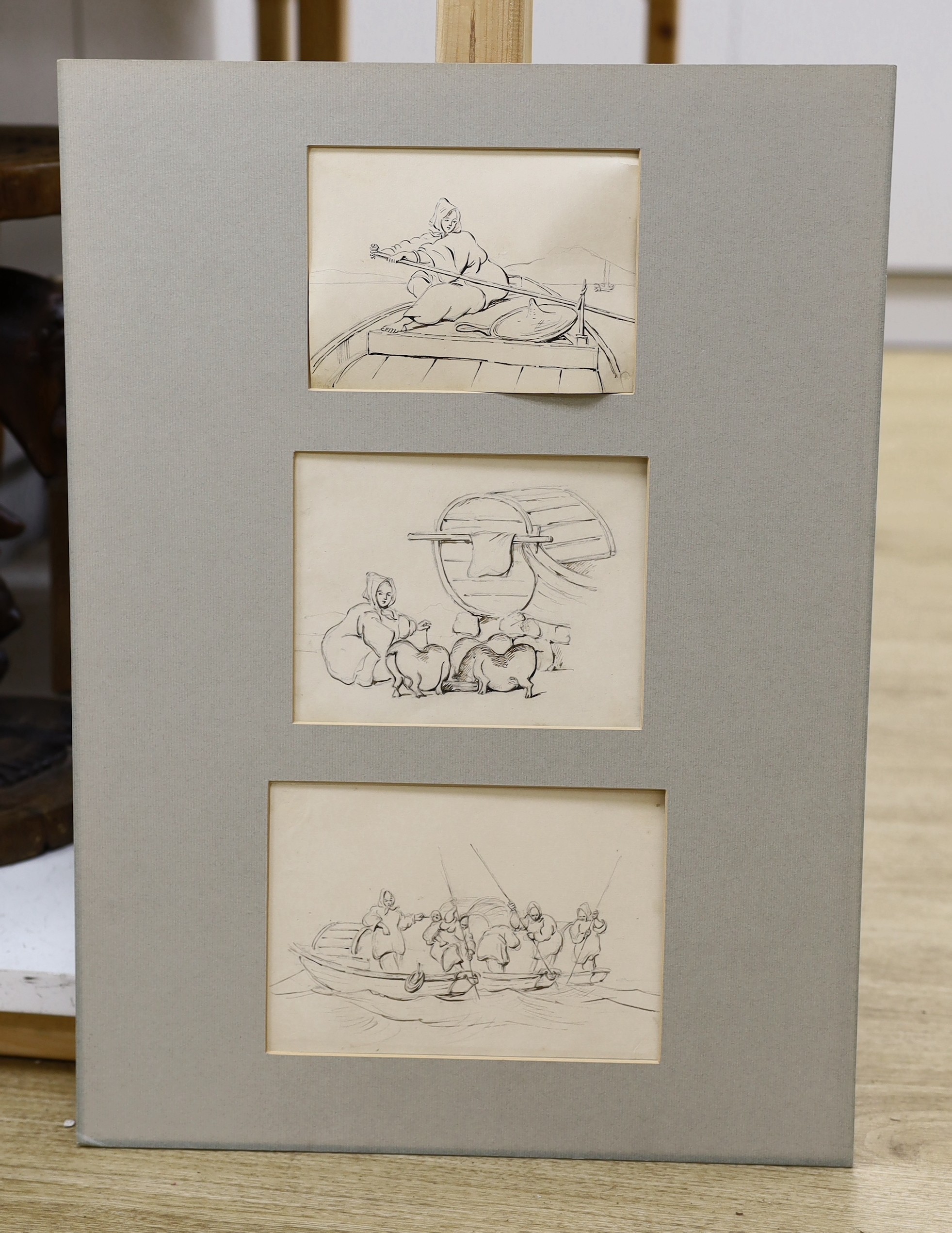 Manner of George Chinnery, three pen and ink drawings, Figure studies, largest 15 x 21cm, unframed